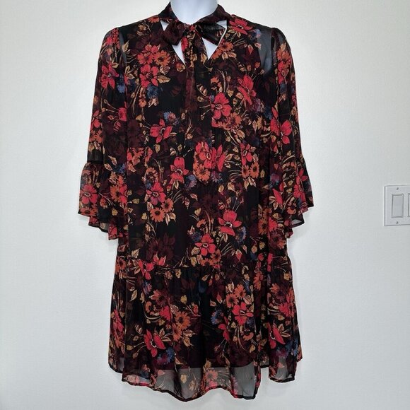 Avenue Tiered Dress Floral Chiffon Tie V-Neck Black Boho Bell Sleeve Size 16 - Picture 1 of 12